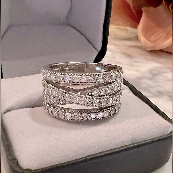 ď¸Beautiful Wide 4 row Crossover Diamond Ring Solid 925 Sterling Silver -See pics - Picture 9 of 17